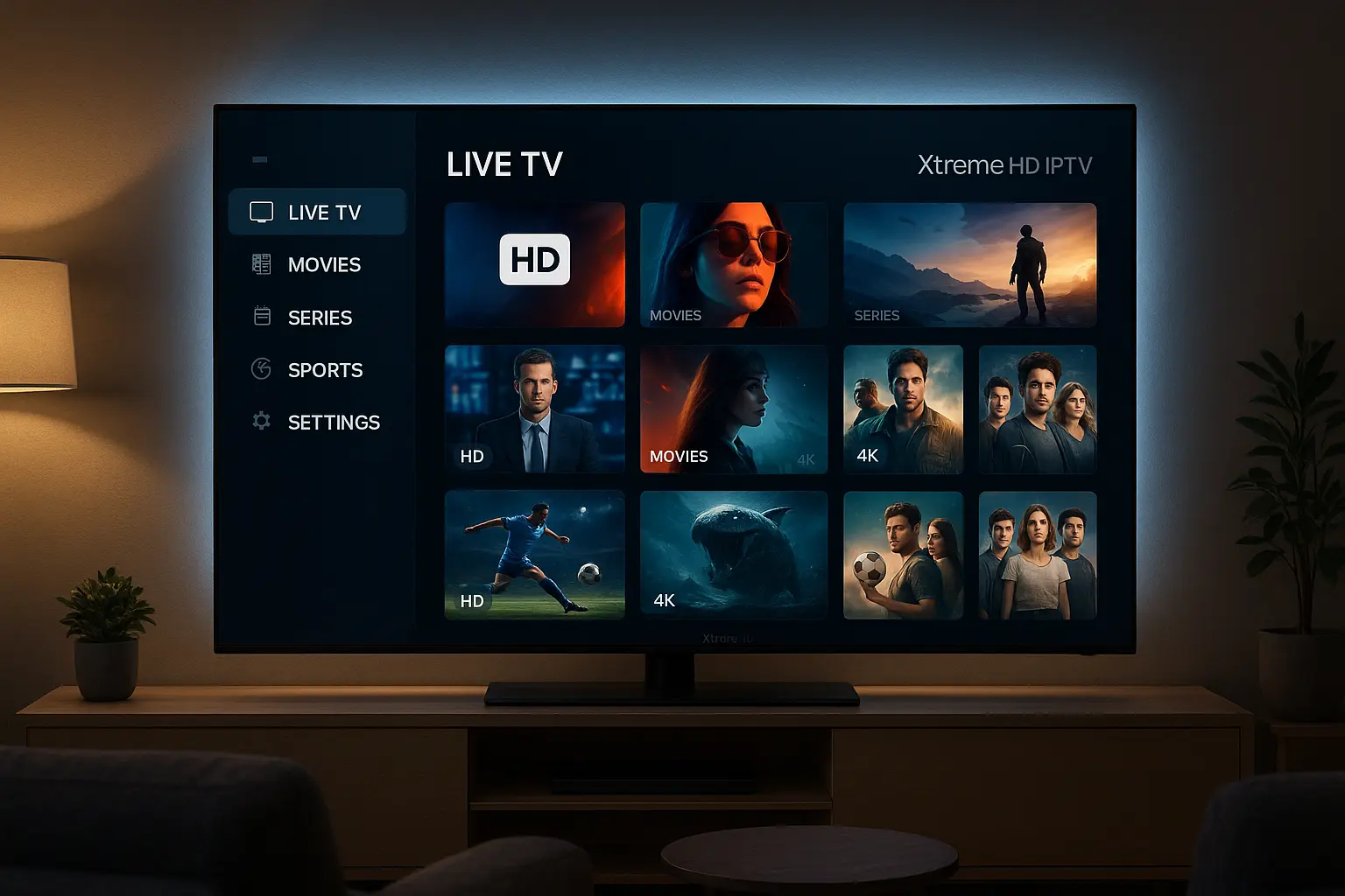 Smart TV interface showing Xtreme HD IPTV dashboard in a modern living room with LED backlighting and a dark mode streaming layout.