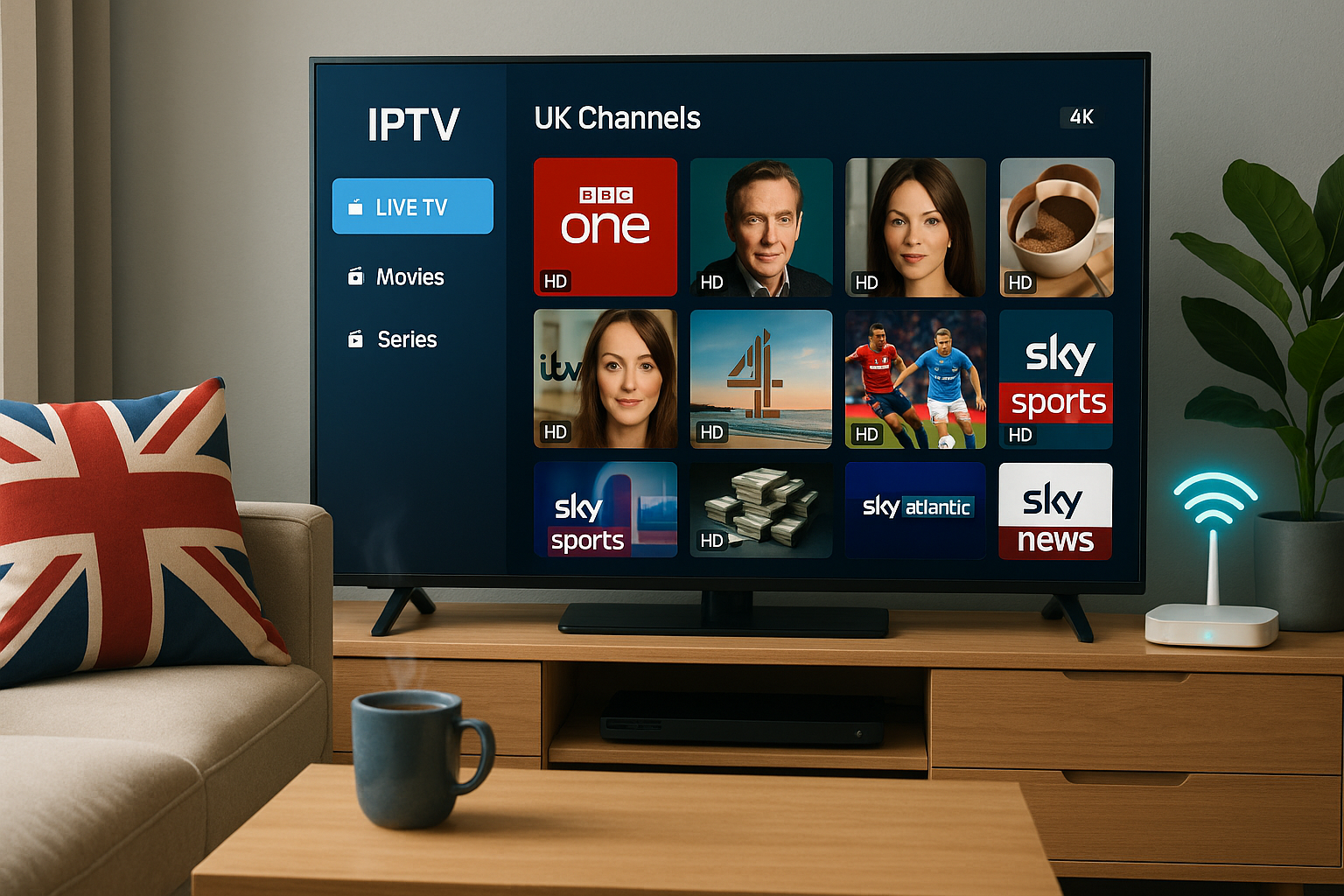 A modern living room with a smart TV displaying a sleek IPTV interface showing UK channels like BBC One, ITV, Channel 4, and Sky Sports. The room features a Union Jack pillow, a steaming mug of tea on a coffee table, and a glowing Wi-Fi router in the background, with natural daytime lighting and a clean, tech-friendly atmosphere.