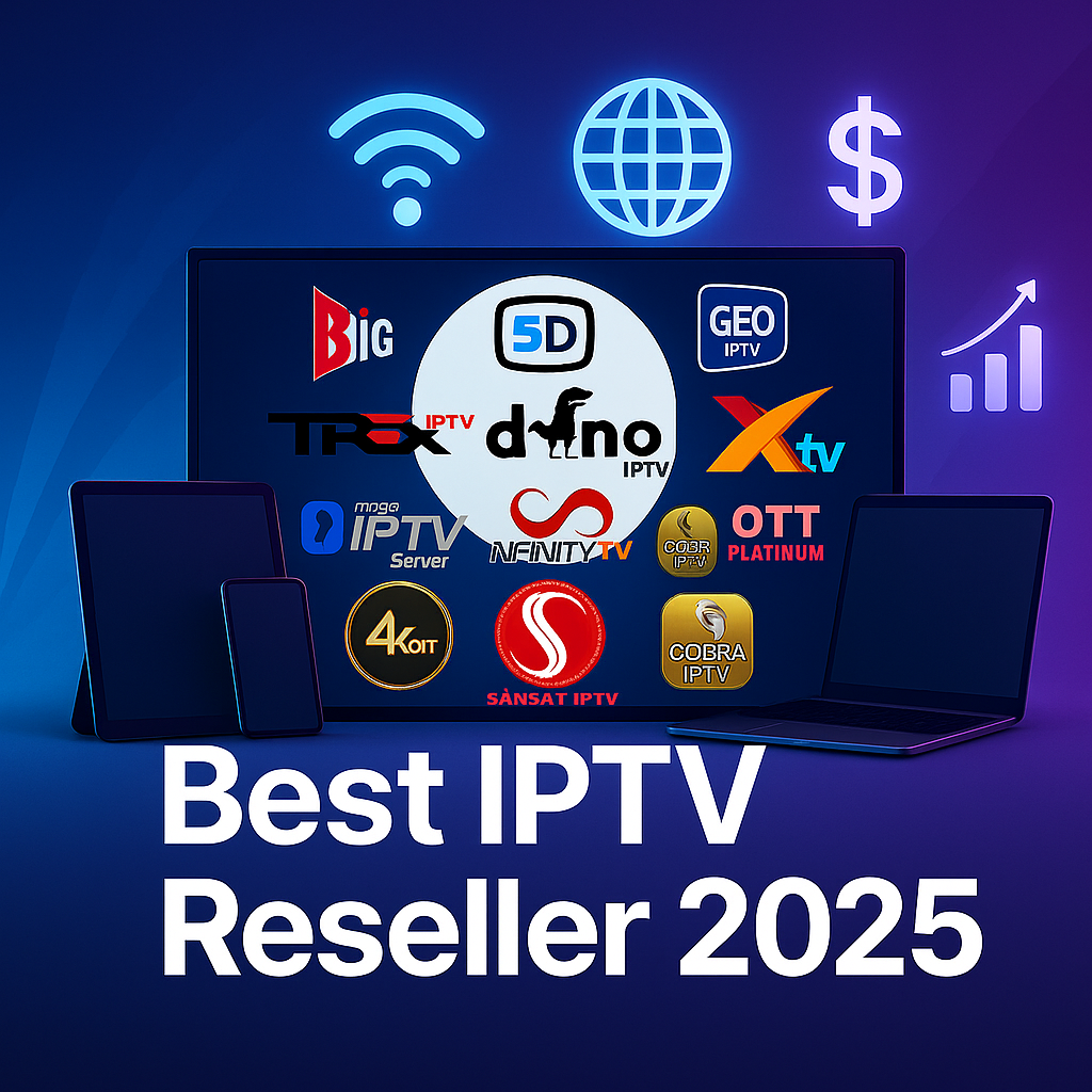 Comparatif des meilleurs fournisseurs IPTV pour revendeurs en 2025 avec logos sur fond moderne numérique bleu et violet.