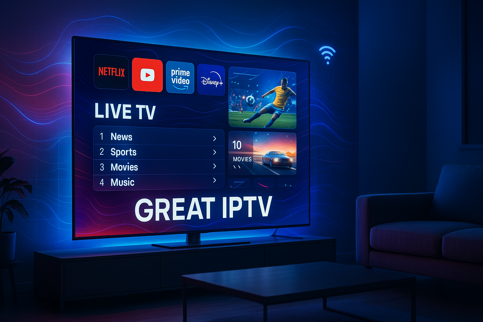 Modern sleek blog header for "Great IPTV" featuring a stylish high-tech living room with a large smart TV, vibrant streaming apps interface, glowing digital effects, and futuristic typography.