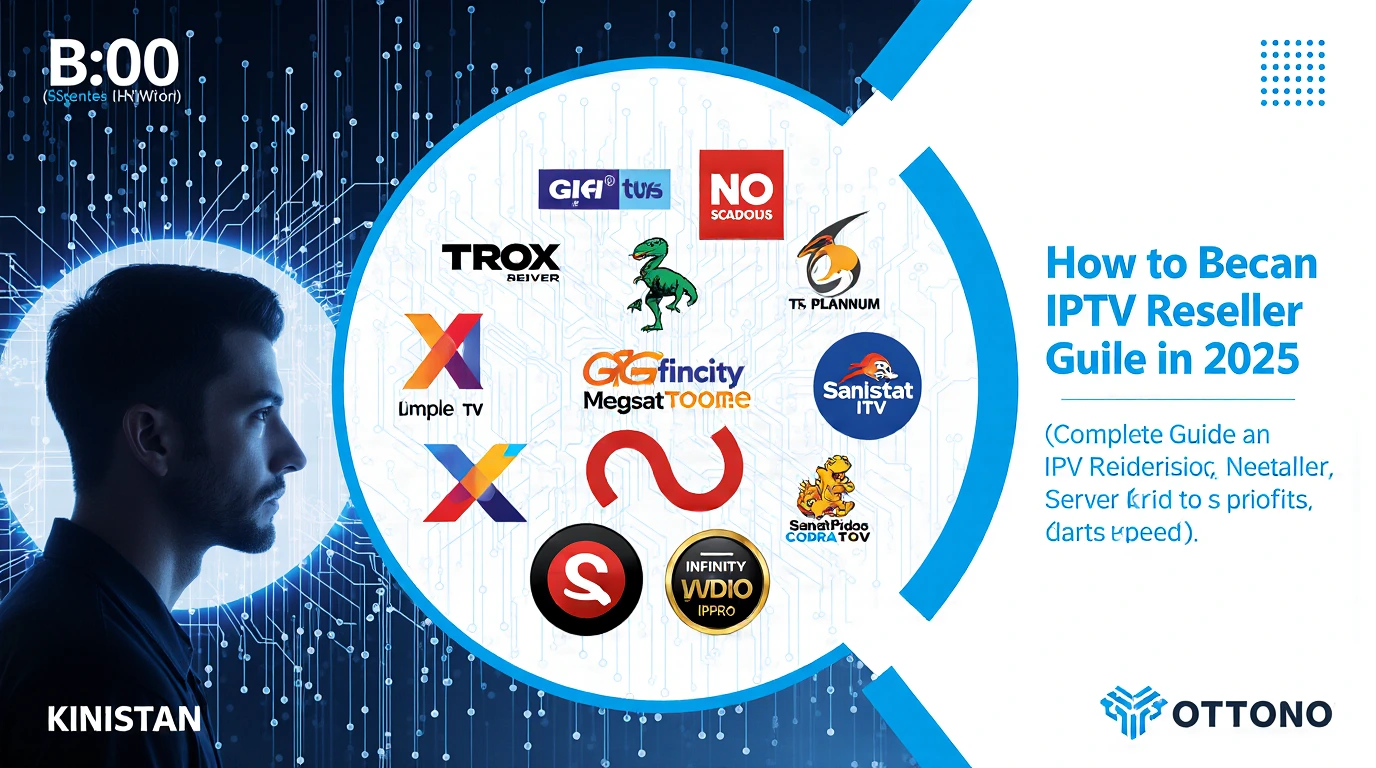 Modern digital featured image for blog titled ‘How to Become an IPTV Reseller in 2025’, showing bold title on left and tech-themed circular IPTV network on right with icons for TV, tablet, and smartphone on a blue and black digital background