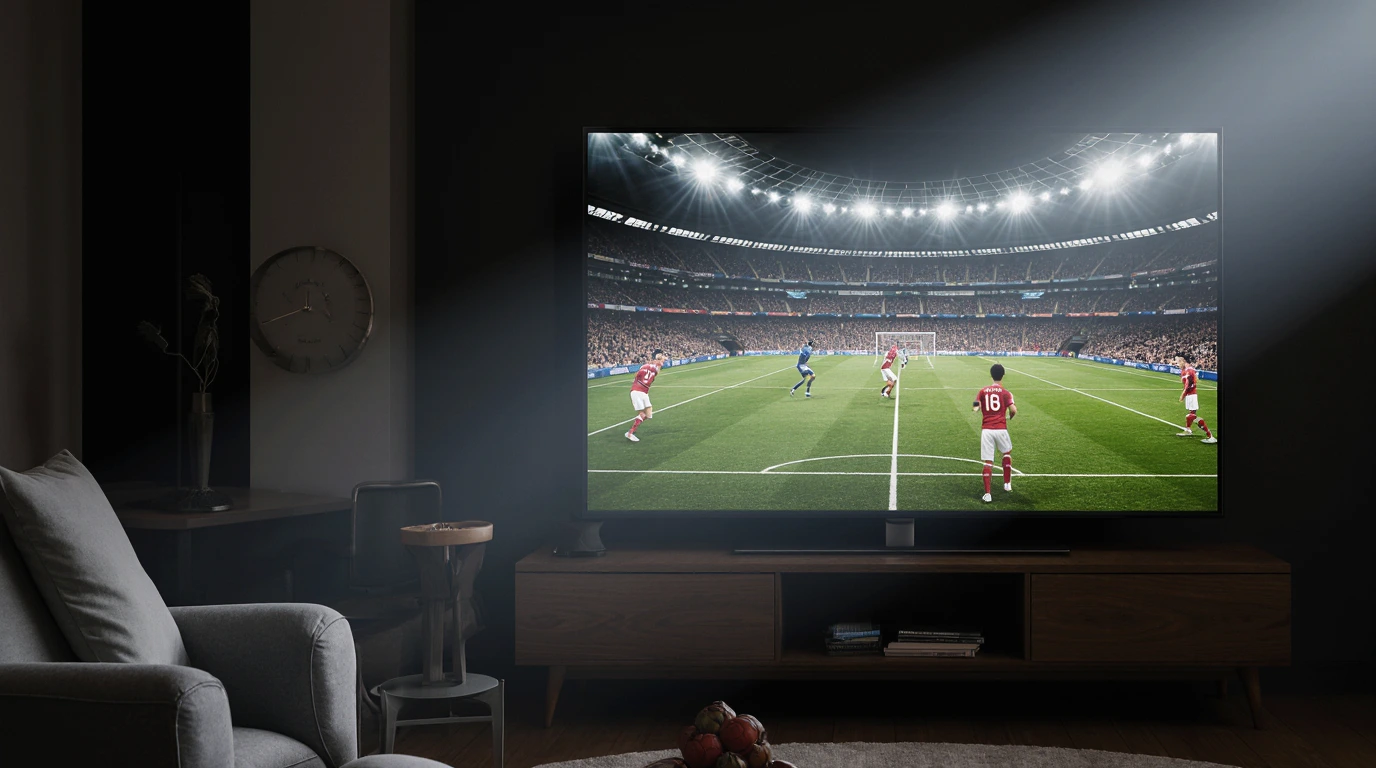 Smart TV streaming Premier League match using IPTV service in a modern living room