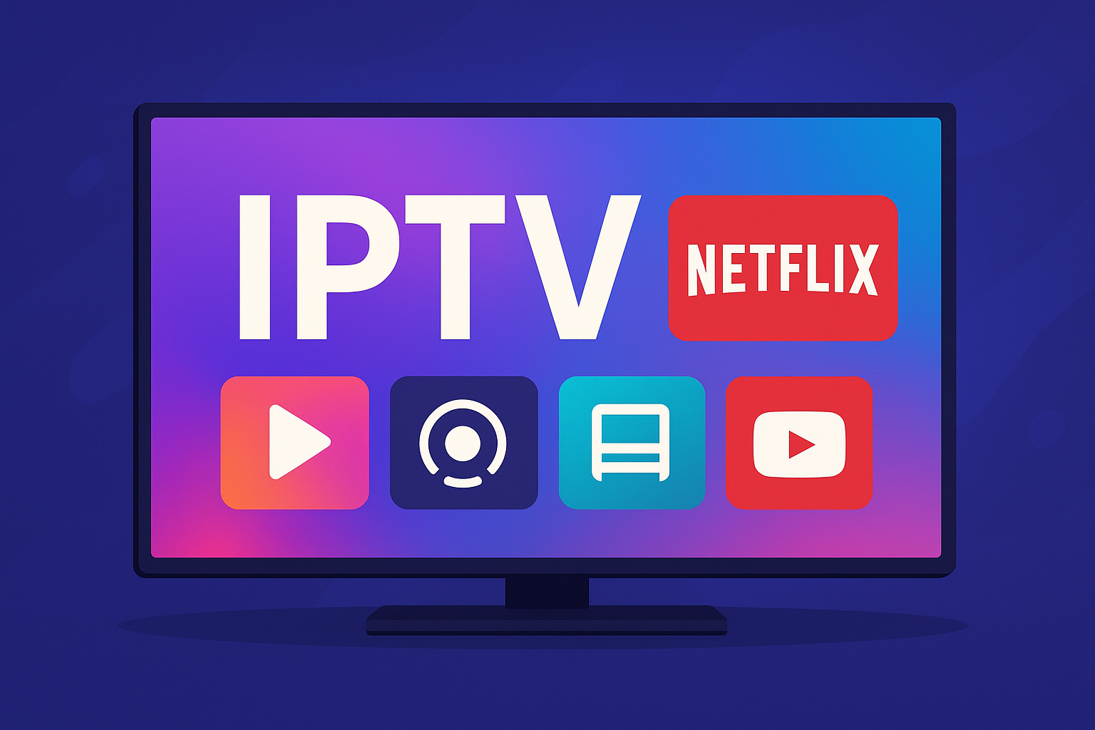 Smart TV screen displaying IPTV with Netflix and other streaming service icons in a vibrant modern tech design