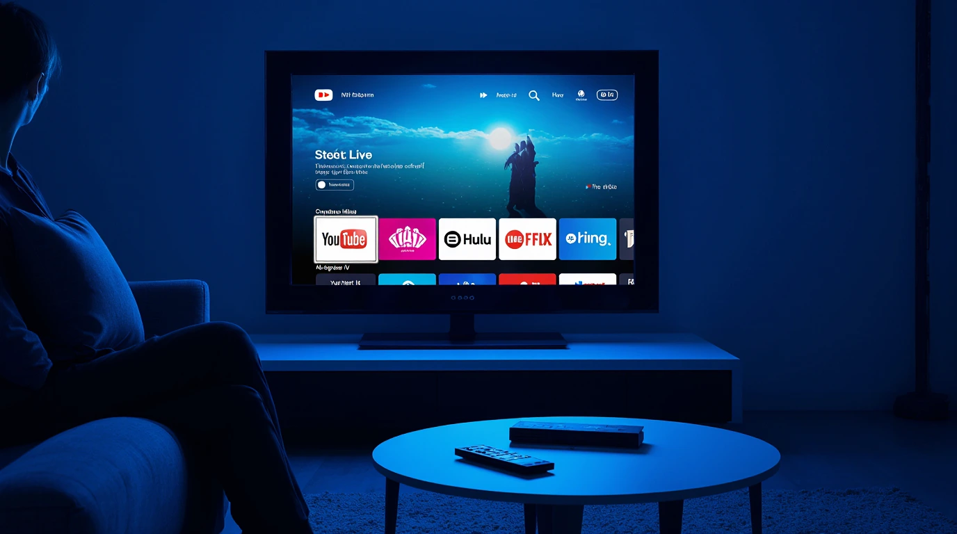 Person streaming live TV on smart TV using IPTV apps like YouTube TV, Hulu, and Sling in a modern 2025 living room with Wi-Fi and streaming devices.