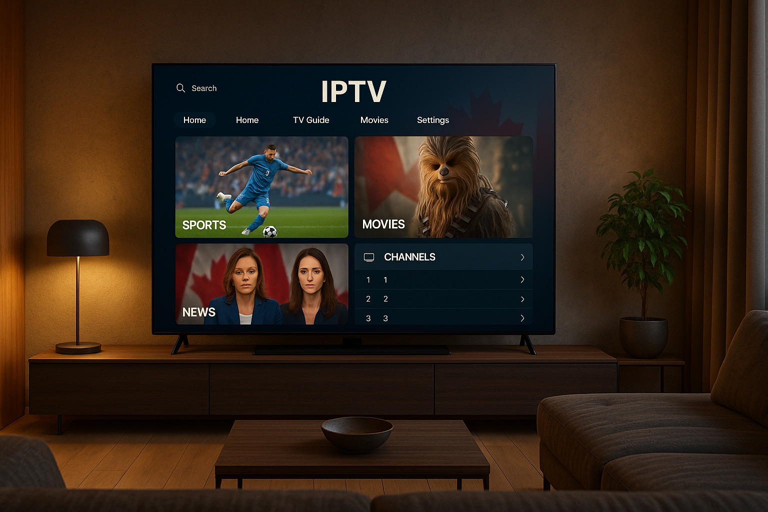Ultra-realistic 4K image of a sleek modern living room with a large Smart TV displaying multiple IPTV channels, including sports, movies, and news, with a subtle Canadian flag in the background, warm ambient lighting, and a cozy atmosphere.