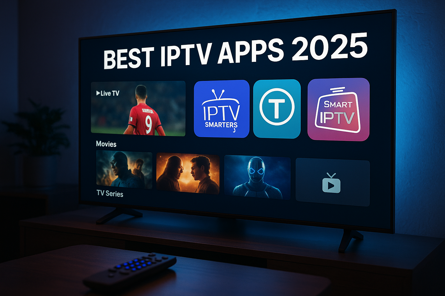 A 4K smart TV showing IPTV apps like IPTV Smarters, TiviMate, and Smart IPTV in a modern living room setup, illustrating the best IPTV apps for 2025.