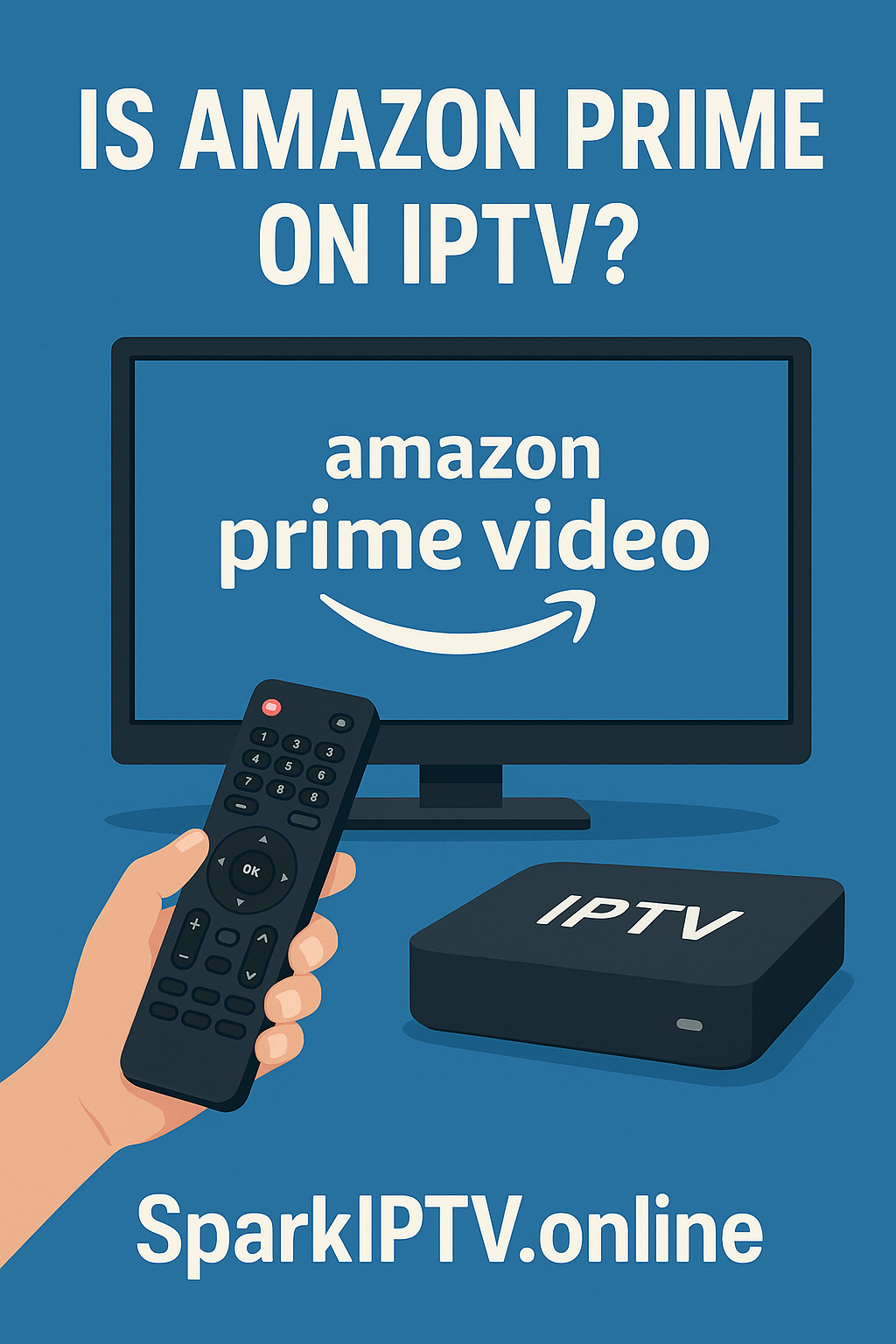A person using a remote control in front of a TV showing Amazon Prime Video and an IPTV box, with SparkIPTV.online branding.