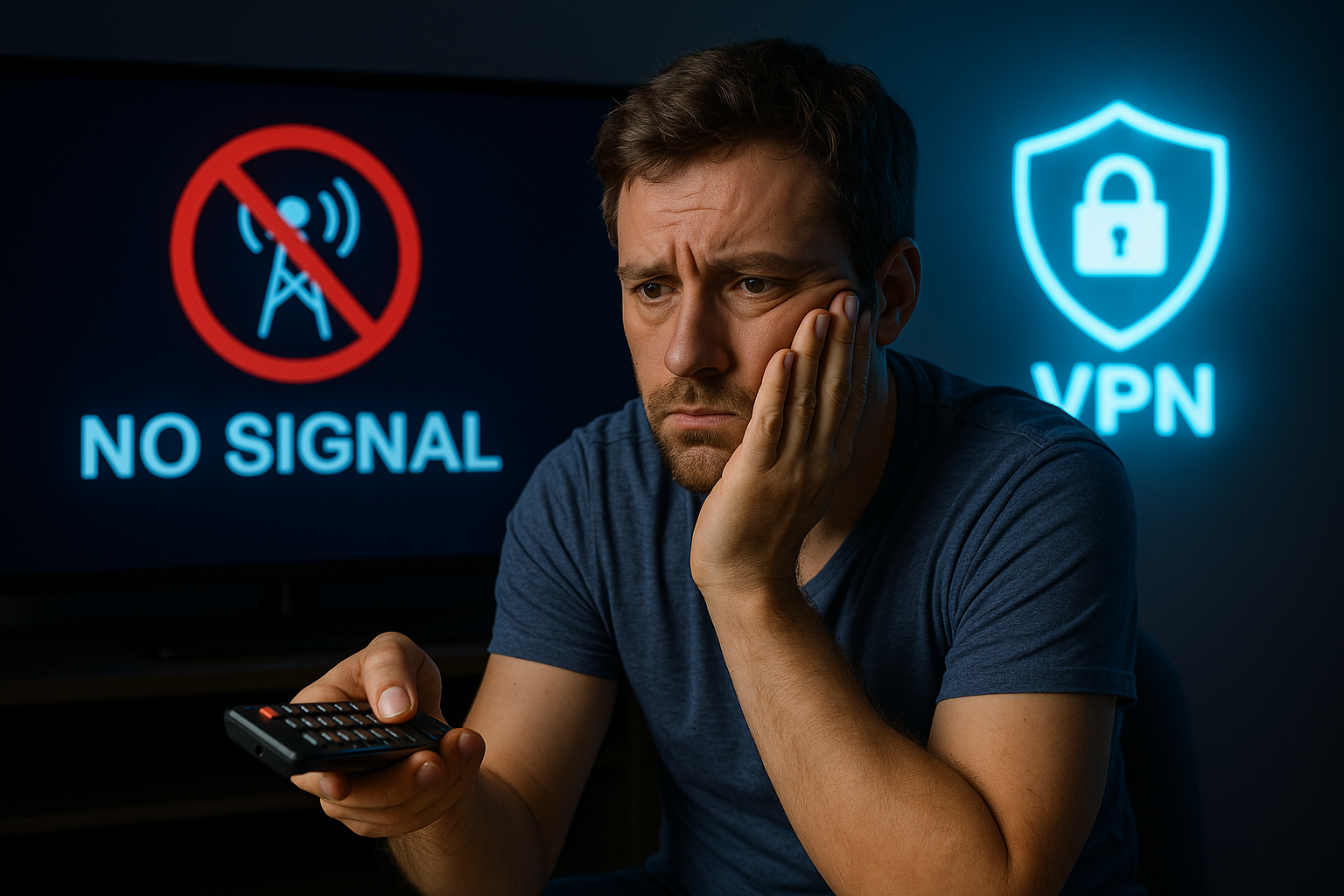 A man looking frustrated in front of a TV showing “No Signal,” symbolizing an ISP blocking IPTV service, with a glowing VPN logo in the background.